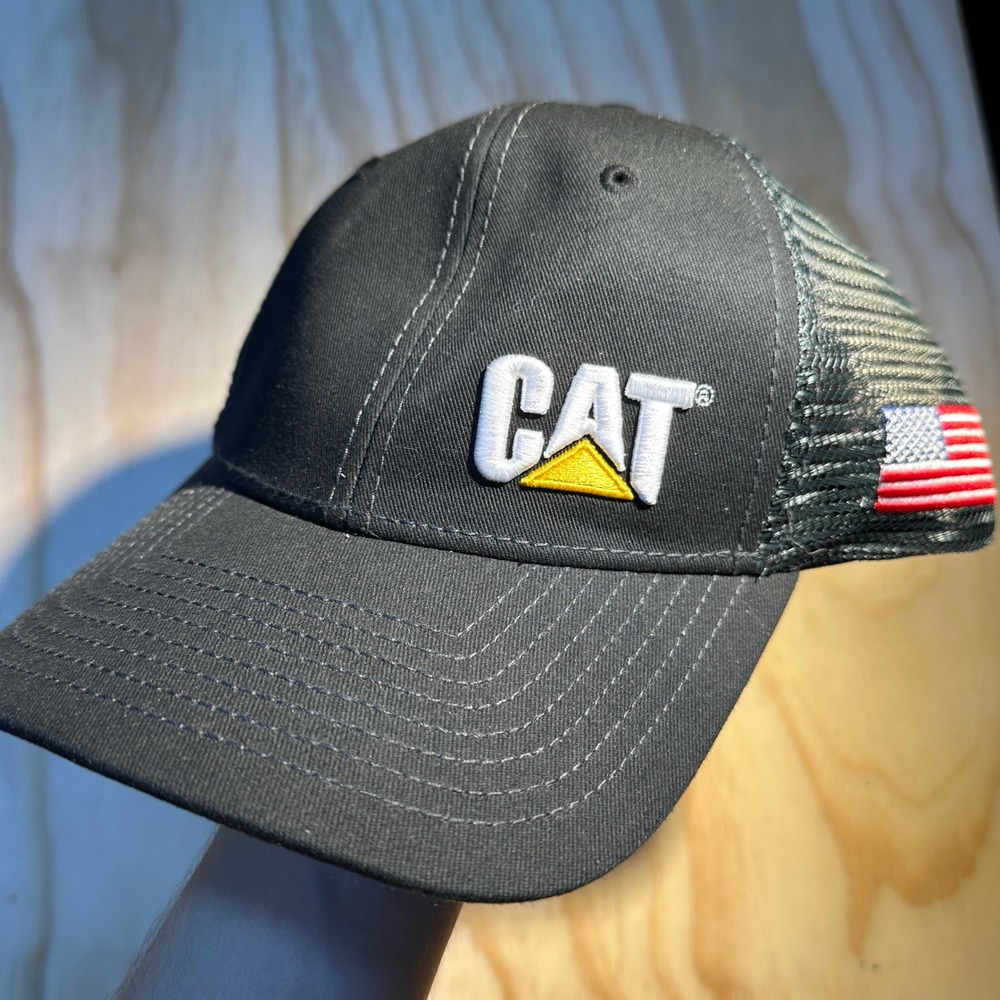Caterpillar Mens Black Mesh Trucker Hat American Flag CAT Logo Snapback 4358A